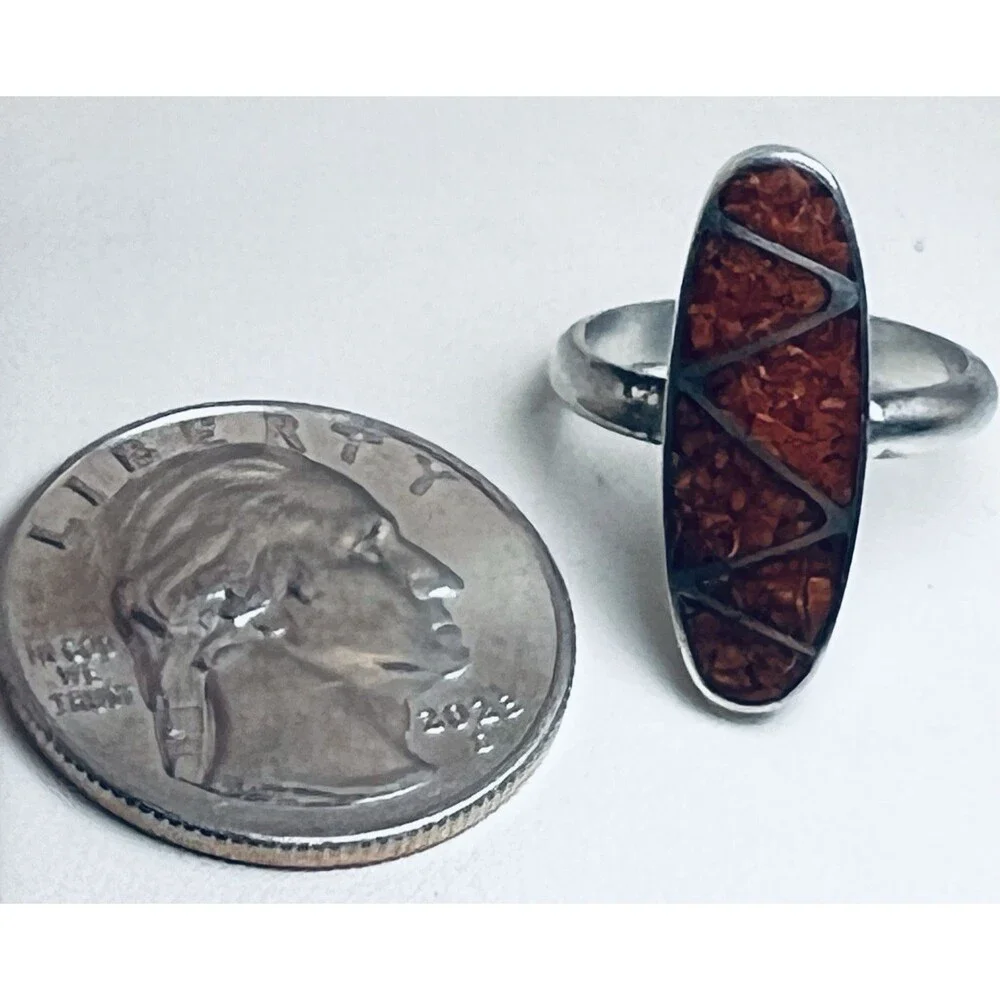 Sterling Silver Vintage Native Coral Inlay Ring Size 5, 4 Grams Total Weight